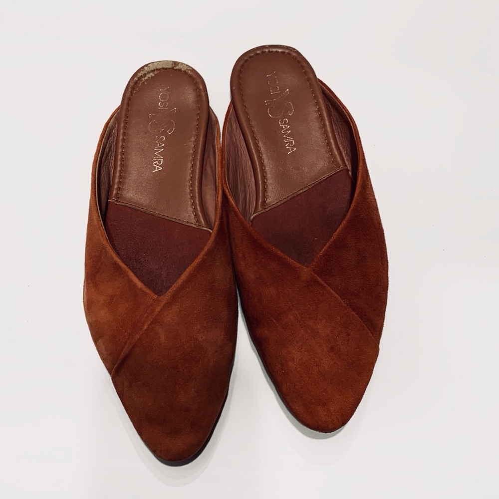 YOSI SAMRA VALENTINA BURNT ORANGE SUEDE MULES SLIP ON SHOES